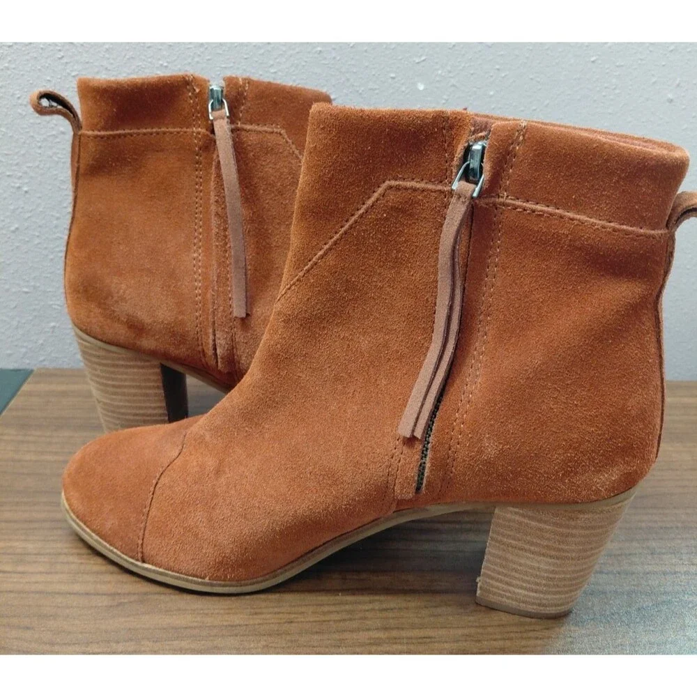 Toms Lunata Booties Ankle Boots Cognac Suede Fringe Women's Size 9.5 Side Zipper - Picture 5 of 10